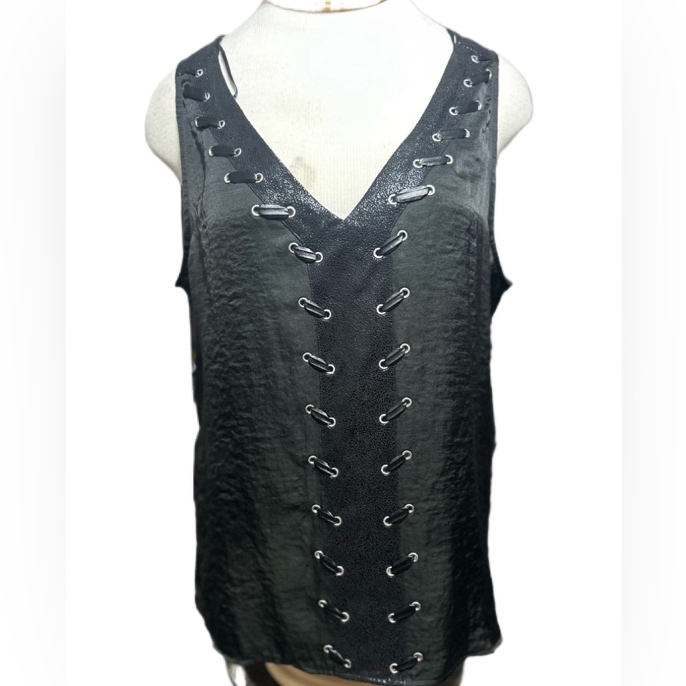 Rock and Republic Top Blouse XL Black Sleeveless Faux Leather Lace Decoration
